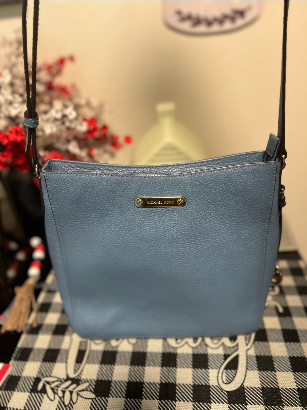 Michael Kors Dusty Blue Pebbled Leather Crossbody Bag